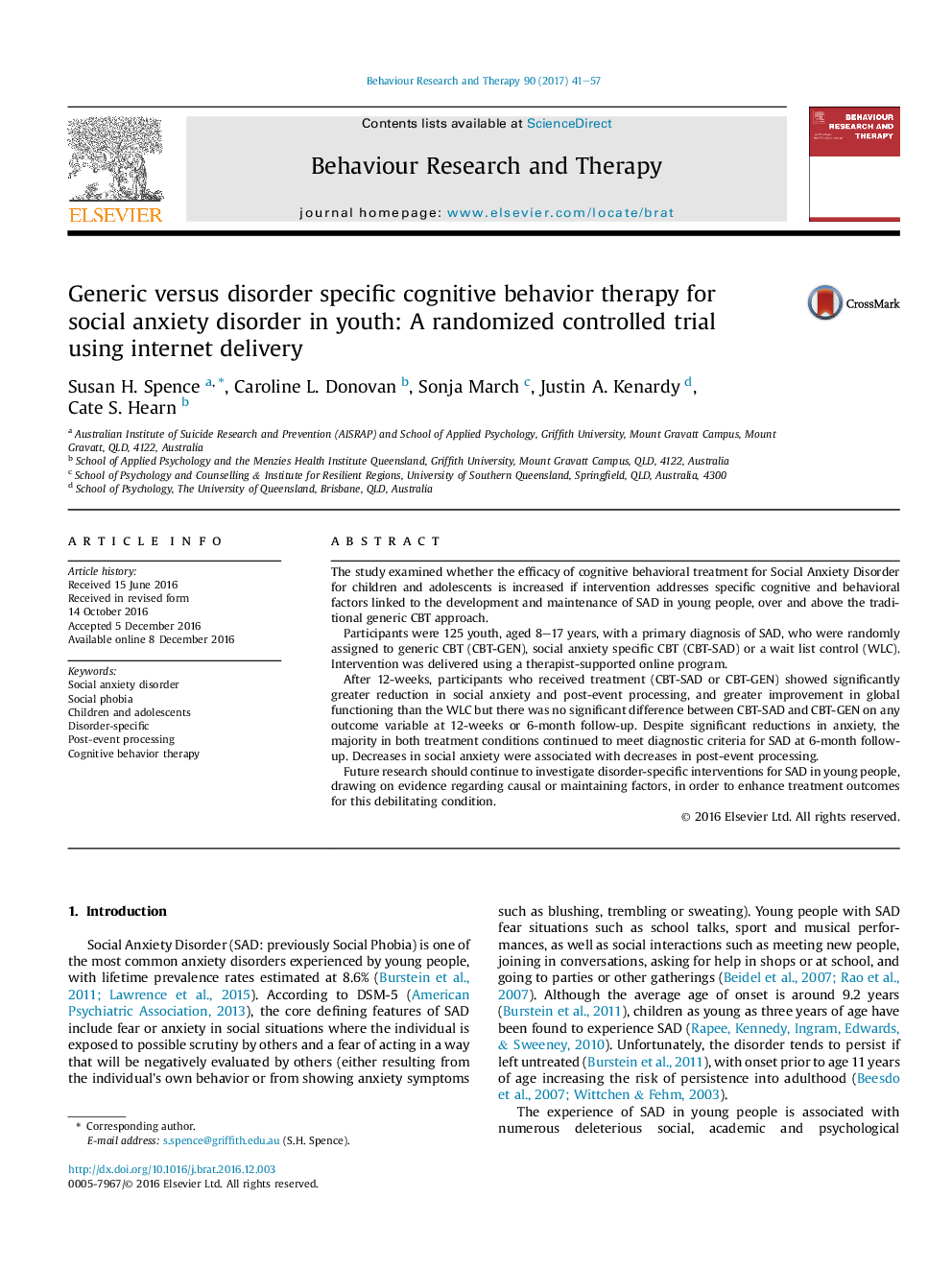 Generic versus disorder specific cognitive behavior therapy for socialÂ anxiety disorder in youth: A randomized controlled trial usingÂ internet delivery