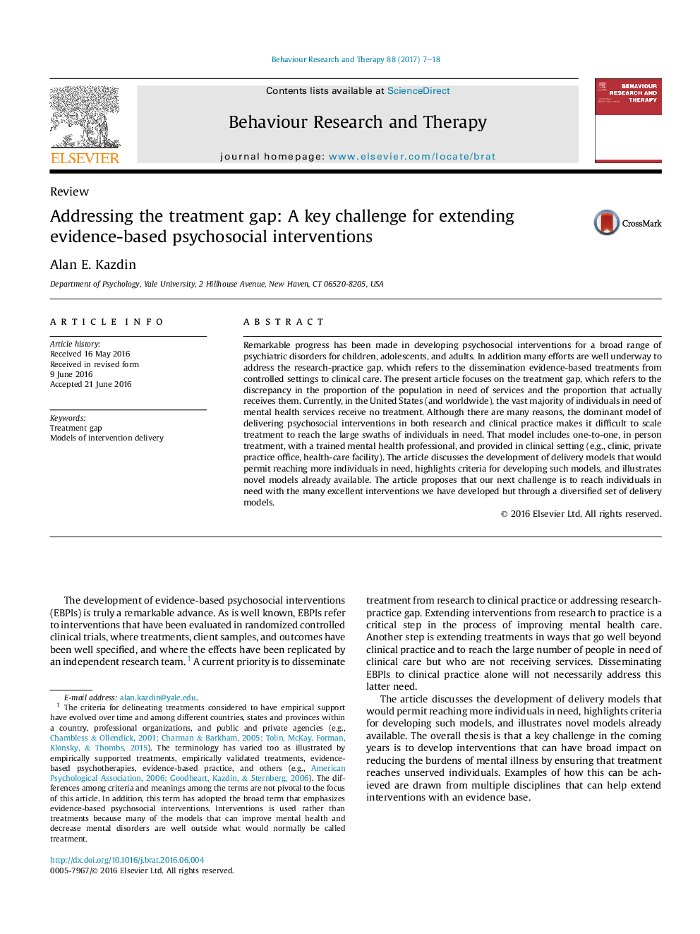 Addressing the treatment gap: A key challenge for extending evidence-based psychosocial interventions