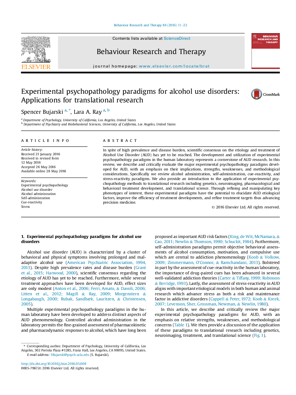 Experimental psychopathology paradigms for alcohol use disorders: Applications for translational research