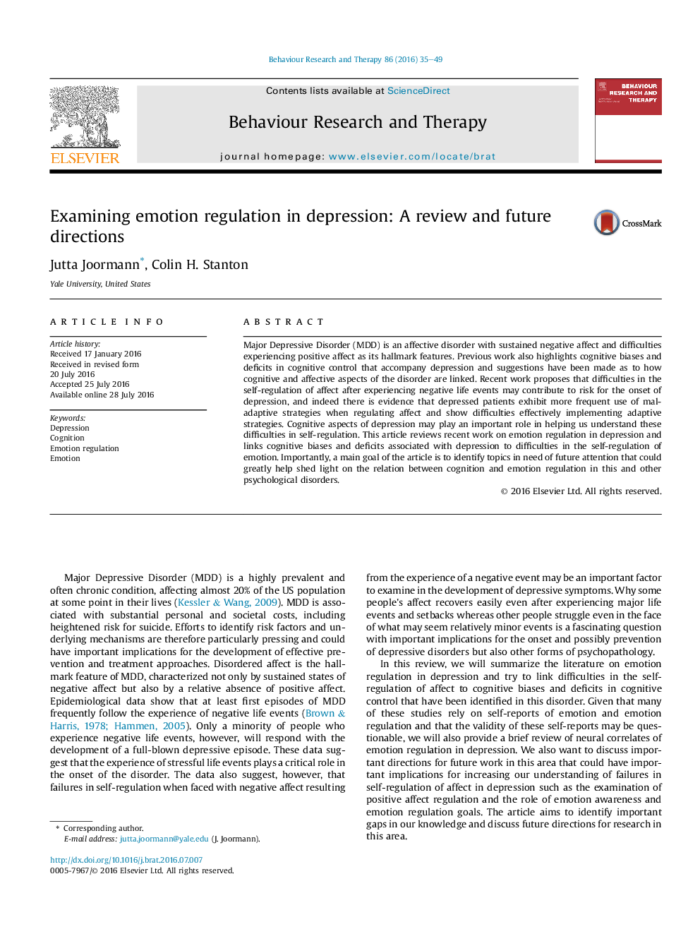 Examining emotion regulation in depression: A review and future directions