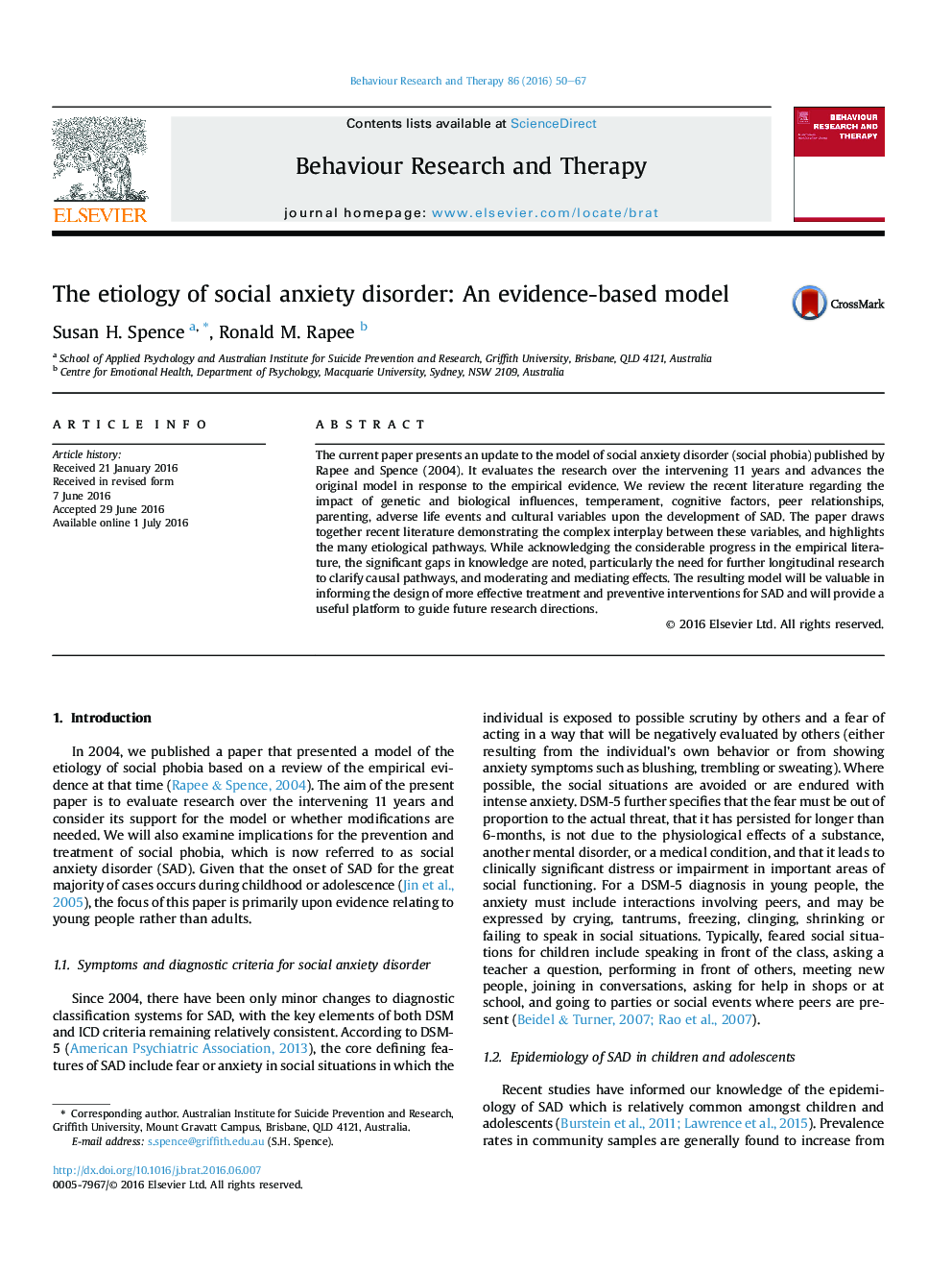 The etiology of social anxiety disorder: An evidence-based model