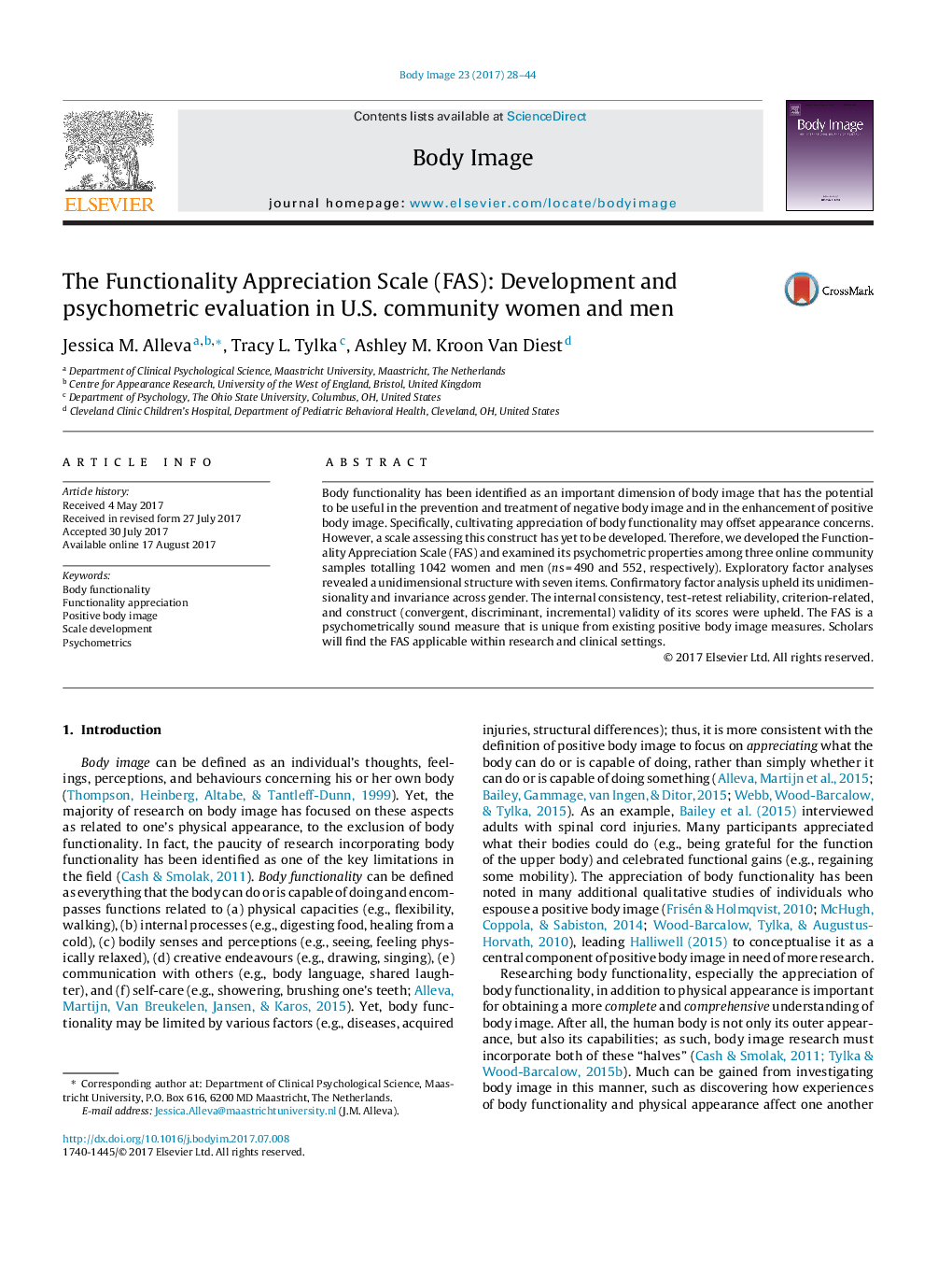 The Functionality Appreciation Scale (FAS): Development and psychometric evaluation in U.S. community women and men