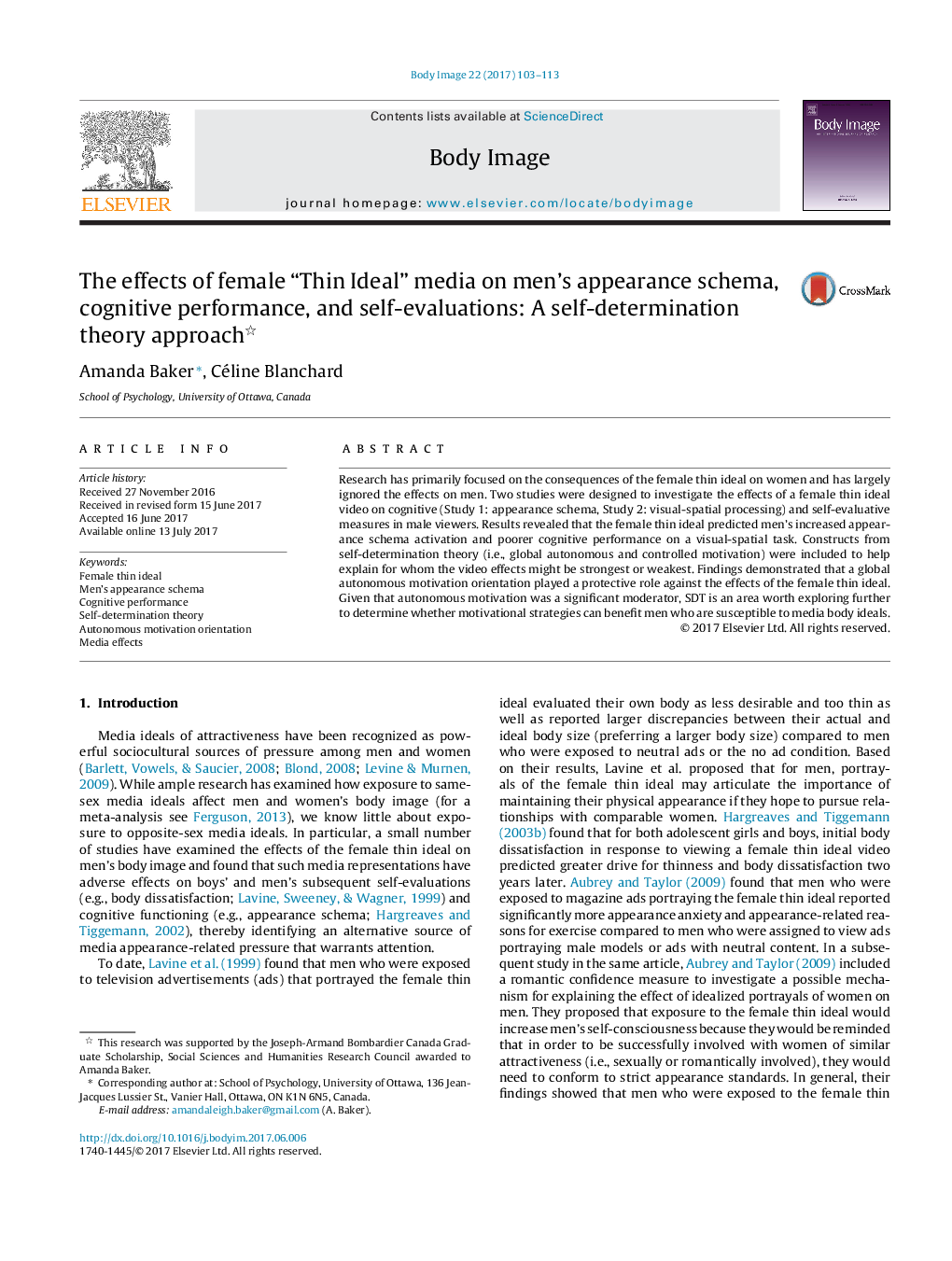 The effects of female “Thin Ideal” media on men's appearance schema, cognitive performance, and self-evaluations: A self-determination theory approach