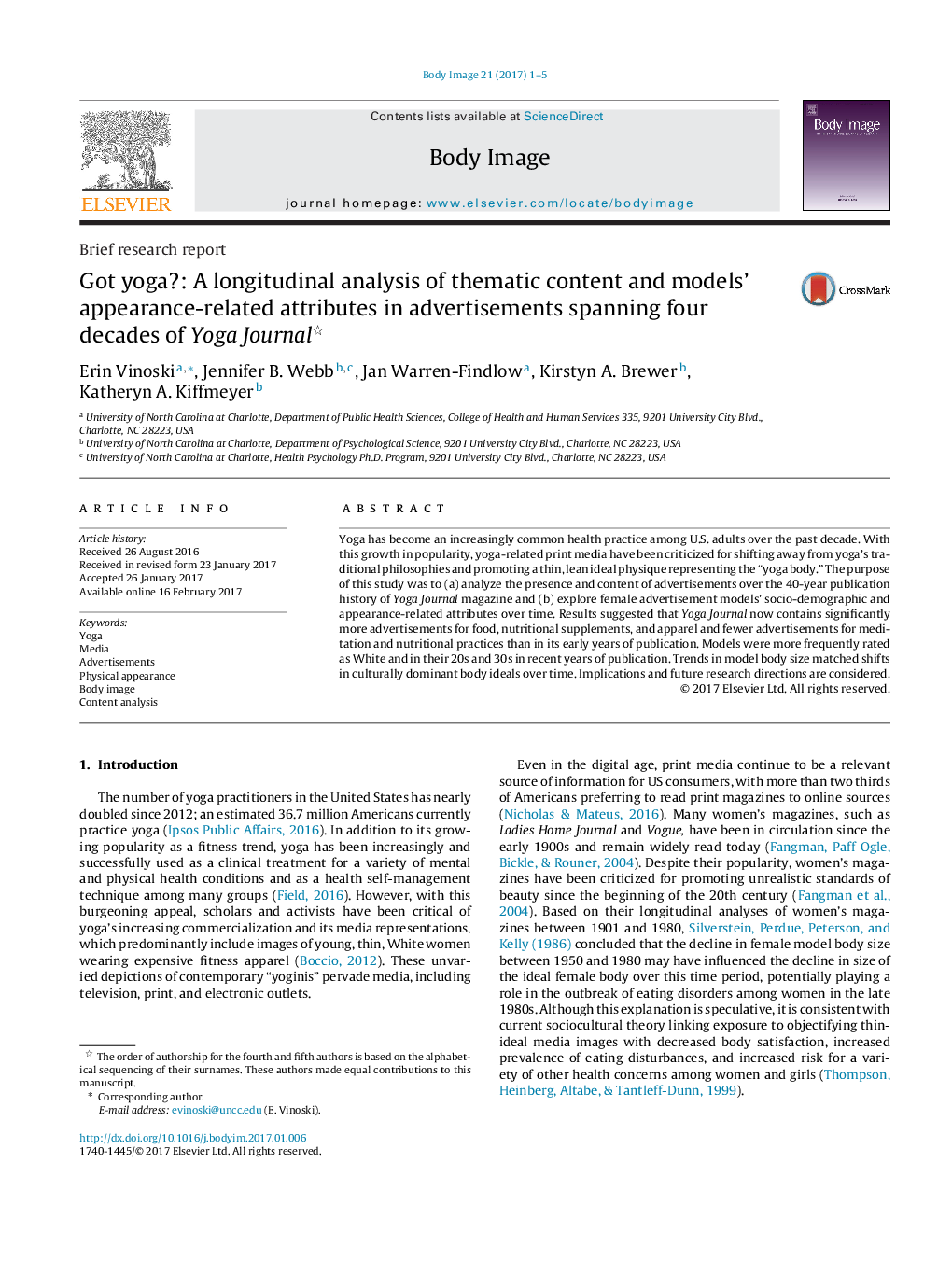 Brief research reportGot yoga?: A longitudinal analysis of thematic content and models' appearance-related attributes in advertisements spanning four decades of Yoga Journal