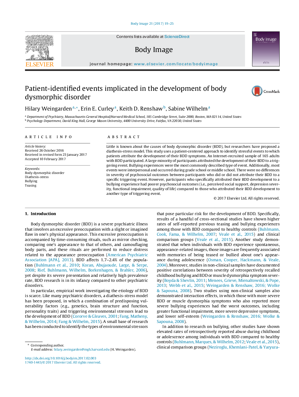 Patient-identified events implicated in the development of body dysmorphic disorder