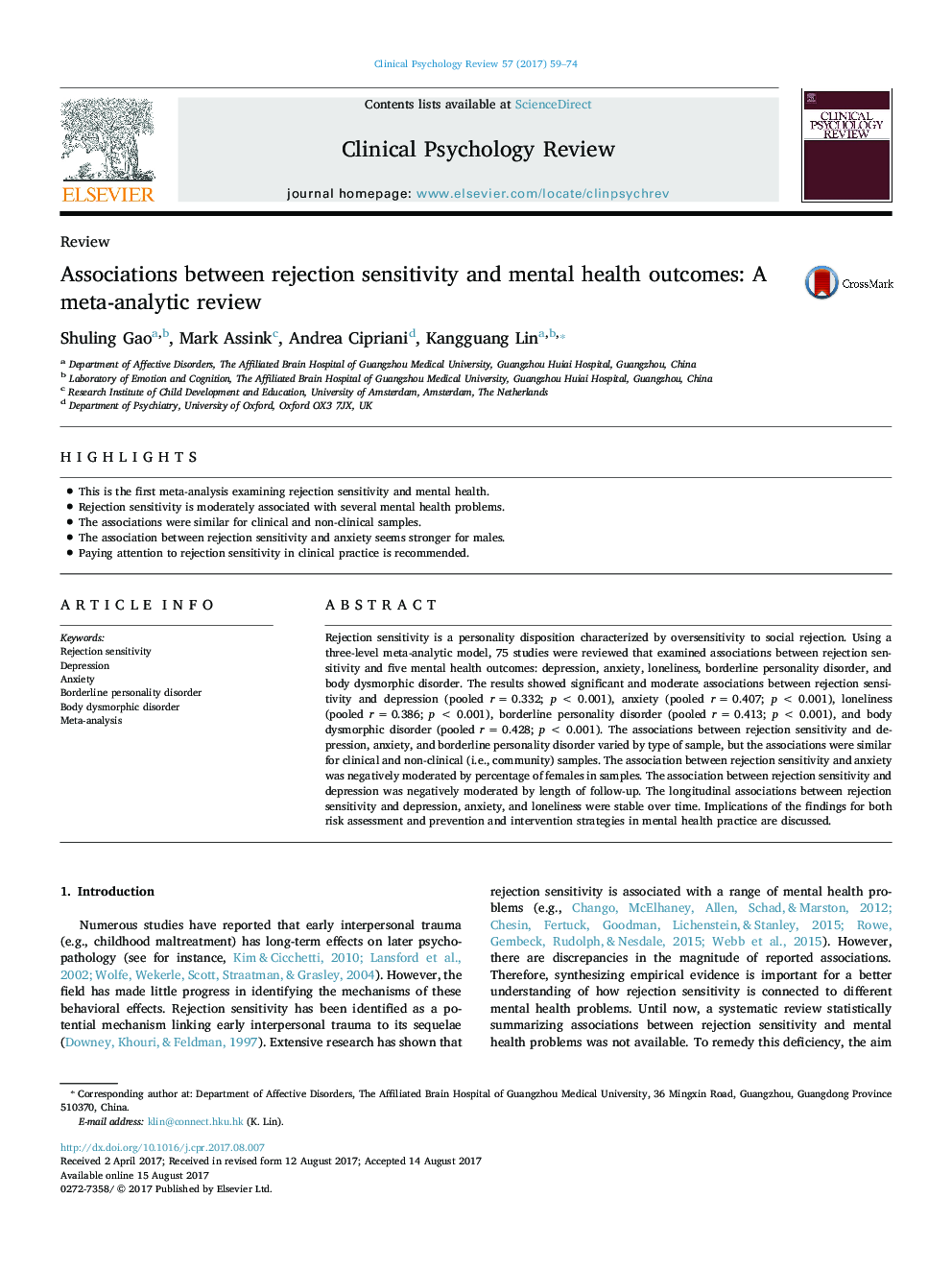 Associations between rejection sensitivity and mental health outcomes: A meta-analytic review