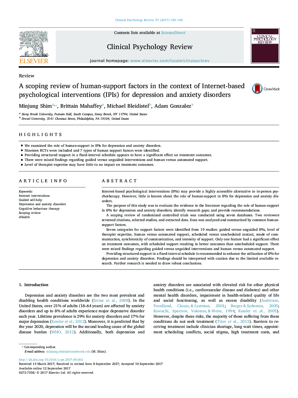 A scoping review of human-support factors in the context of Internet-based psychological interventions (IPIs) for depression and anxiety disorders