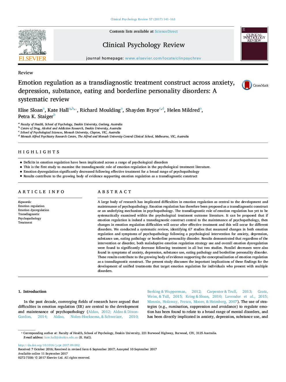 ReviewEmotion regulation as a transdiagnostic treatment construct across anxiety, depression, substance, eating and borderline personality disorders: A systematic review