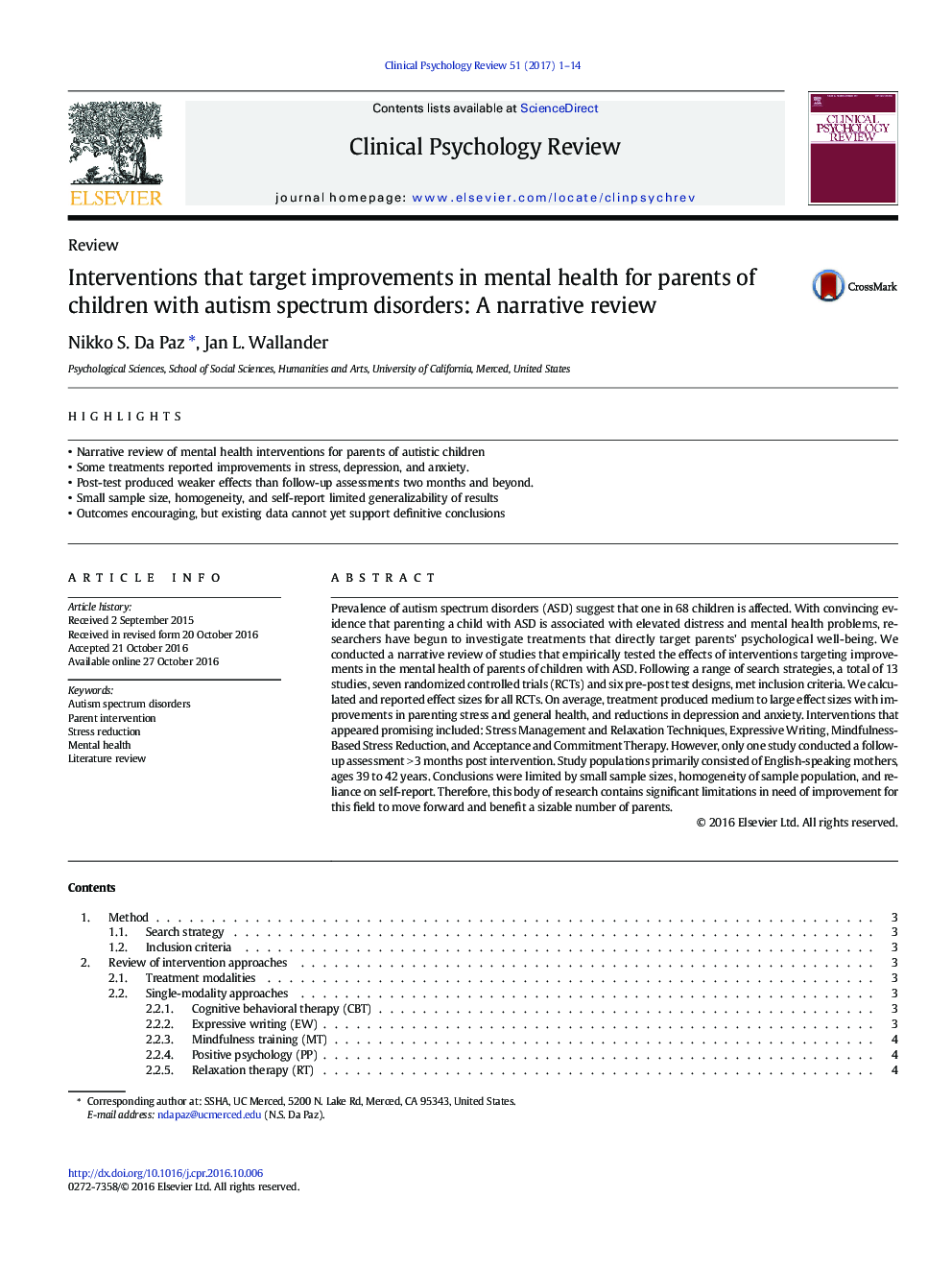 Interventions that target improvements in mental health for parents of children with autism spectrum disorders: A narrative review