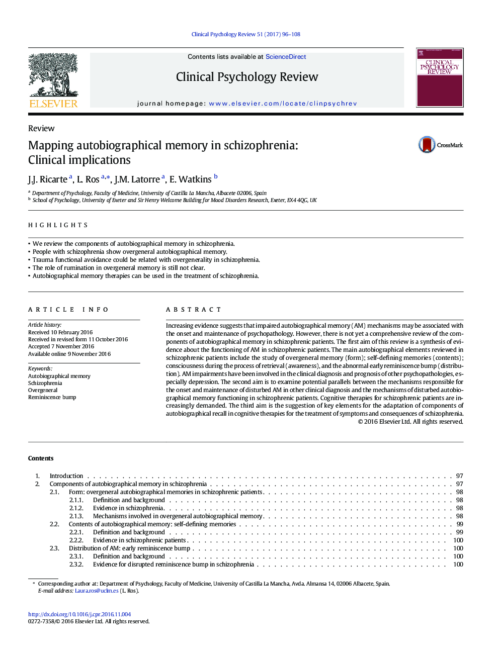 Mapping autobiographical memory in schizophrenia: Clinical implications