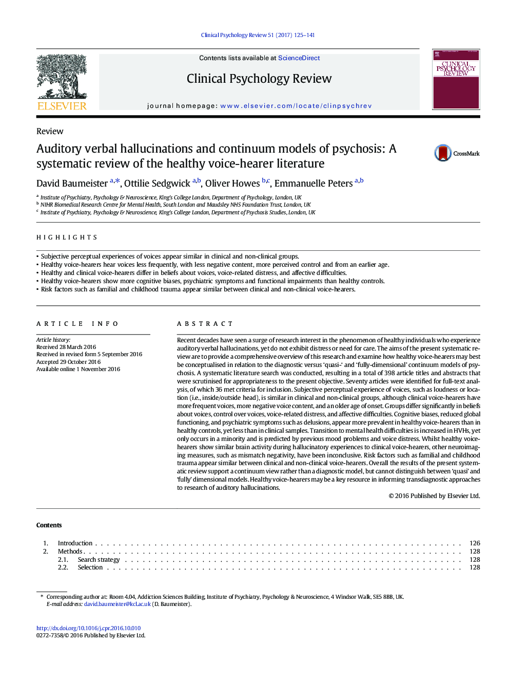 ReviewAuditory verbal hallucinations and continuum models of psychosis: A systematic review of the healthy voice-hearer literature