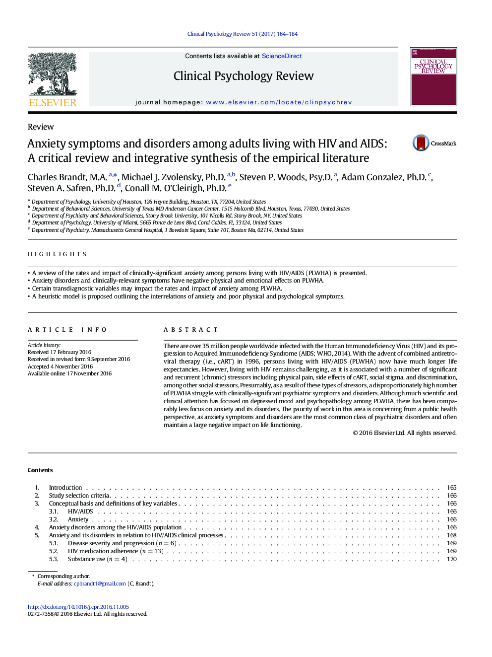ReviewAnxiety symptoms and disorders among adults living with HIV and AIDS: A critical review and integrative synthesis of the empirical literature