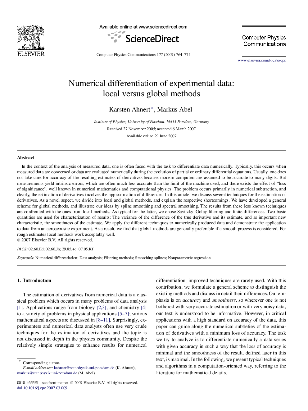 Numerical differentiation of experimental data: local versus global methods