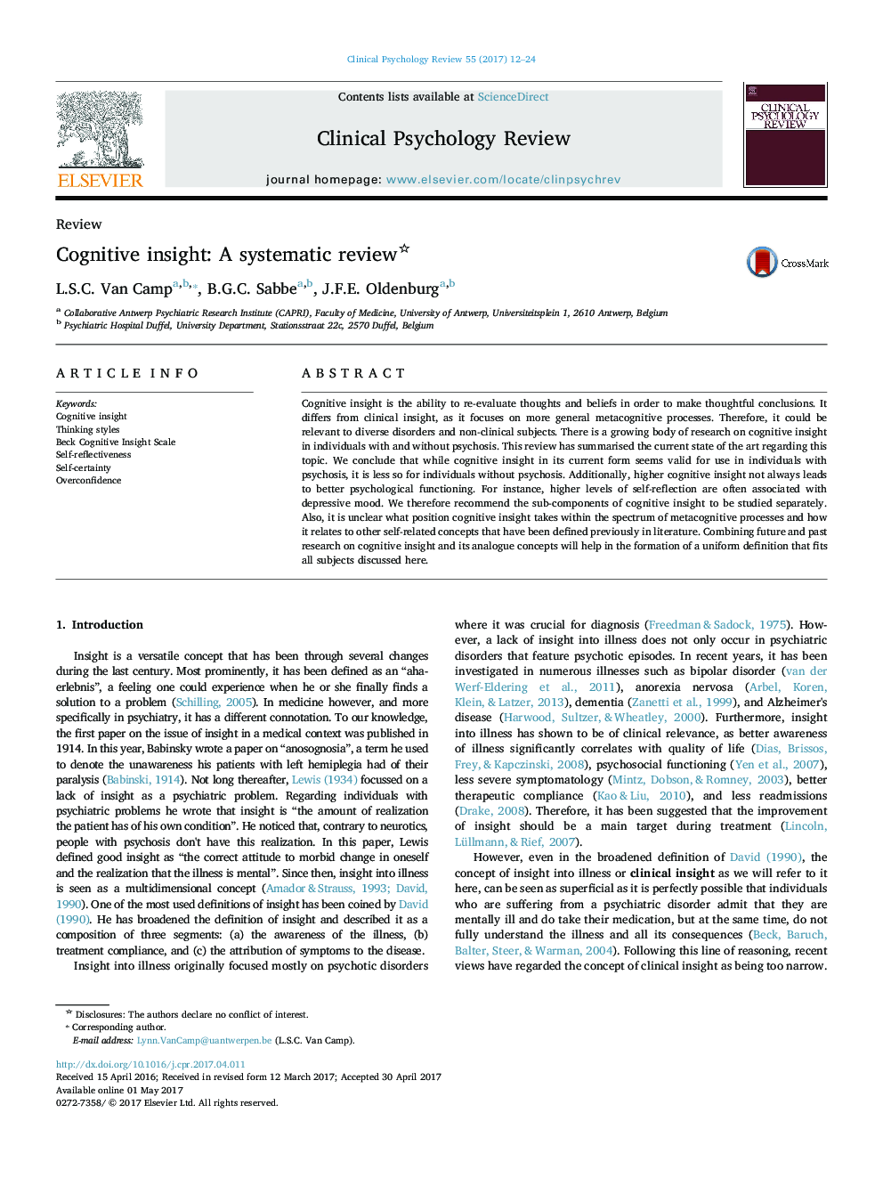 Cognitive insight: A systematic review