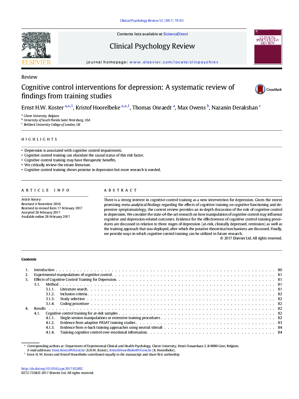 ReviewCognitive control interventions for depression: A systematic review of findings from training studies
