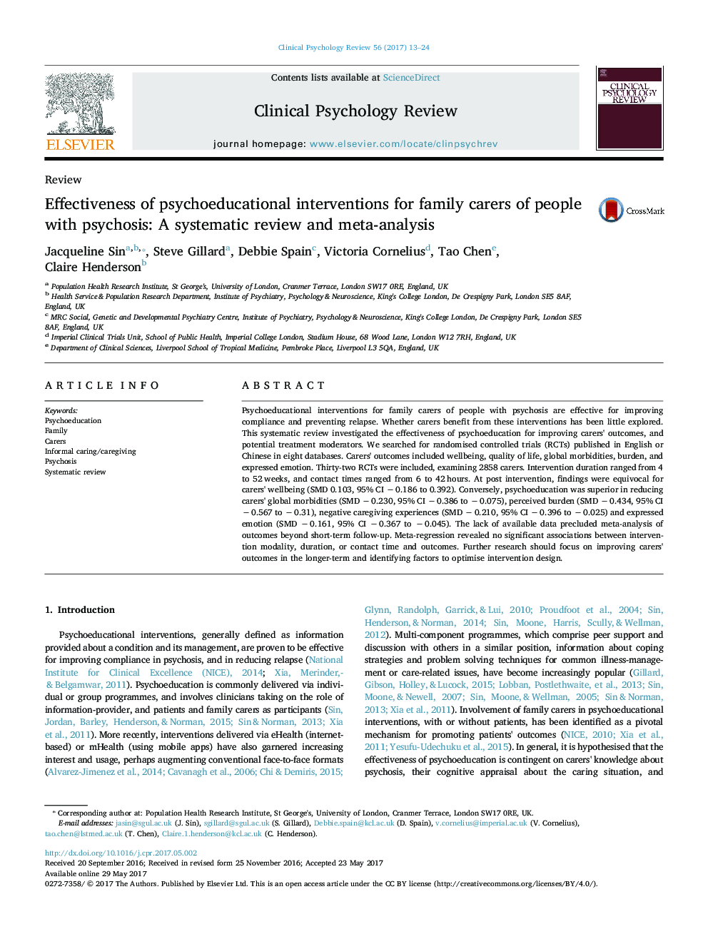 ReviewEffectiveness of psychoeducational interventions for family carers of people with psychosis: A systematic review and meta-analysis