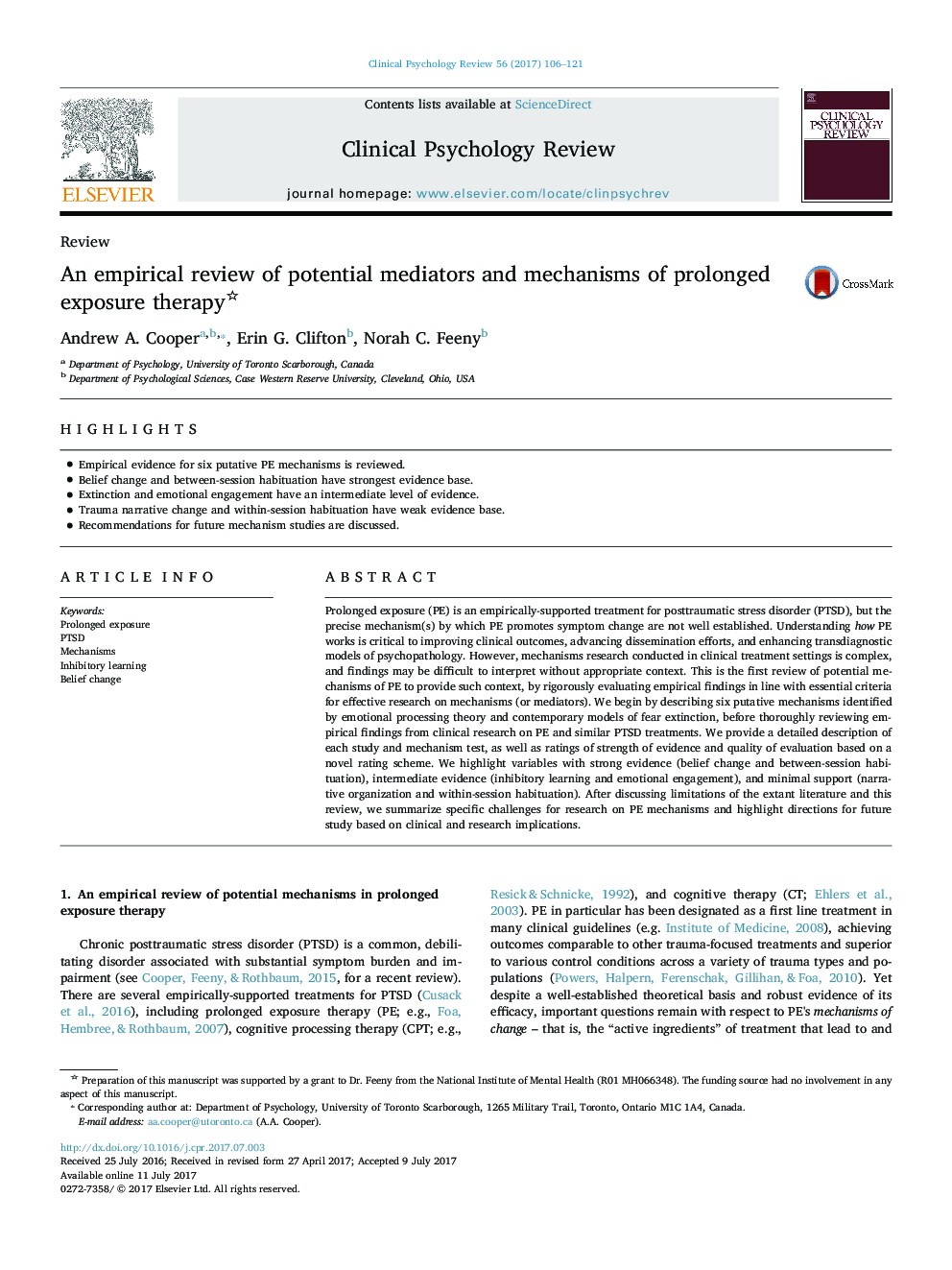 An empirical review of potential mediators and mechanisms of prolonged exposure therapy