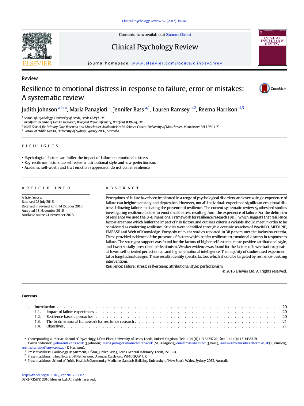 ReviewResilience to emotional distress in response to failure, error or mistakes: A systematic review