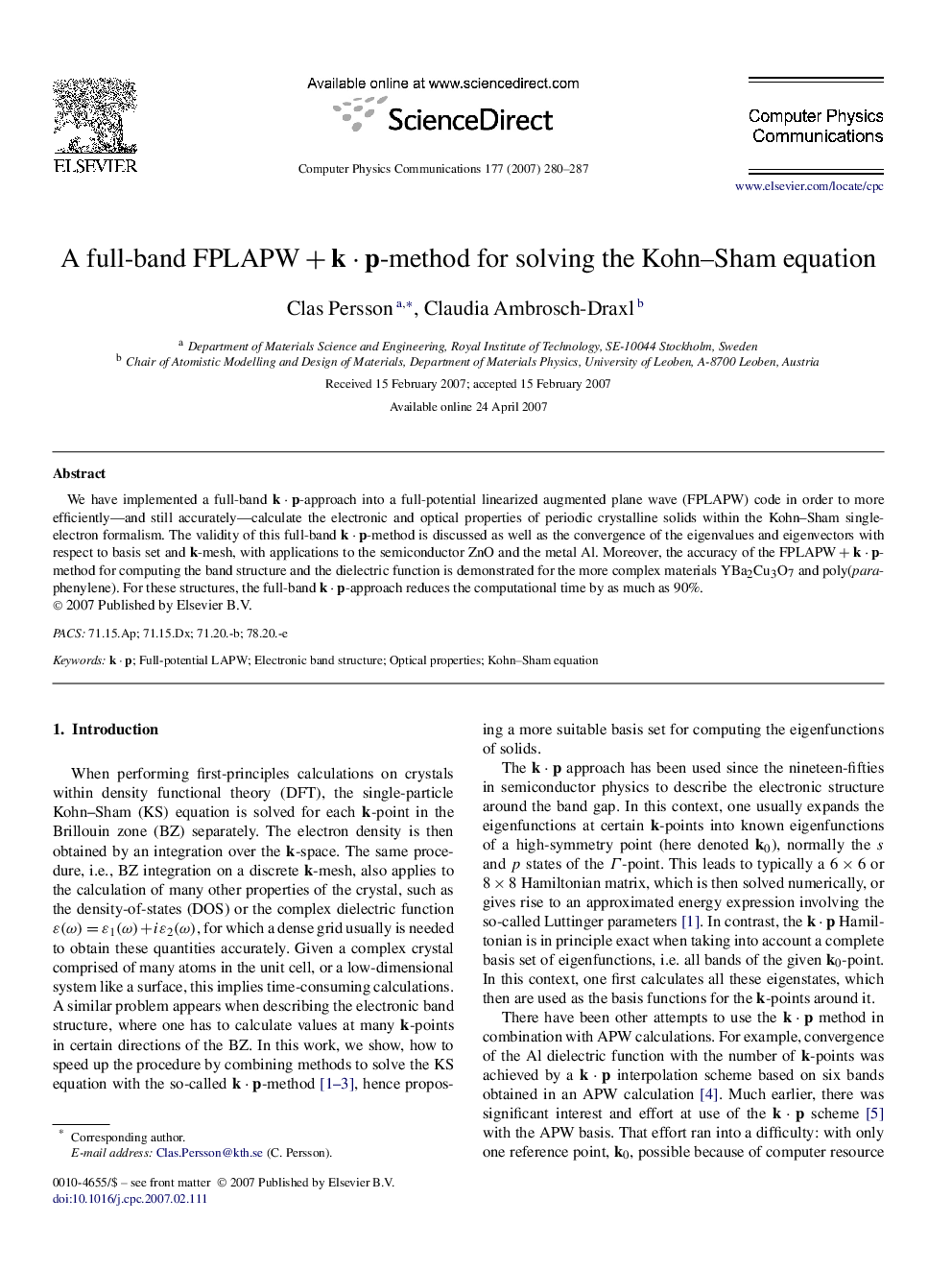 A full-band FPLAPW+k⋅pFPLAPW+k⋅p-method for solving the Kohn–Sham equation