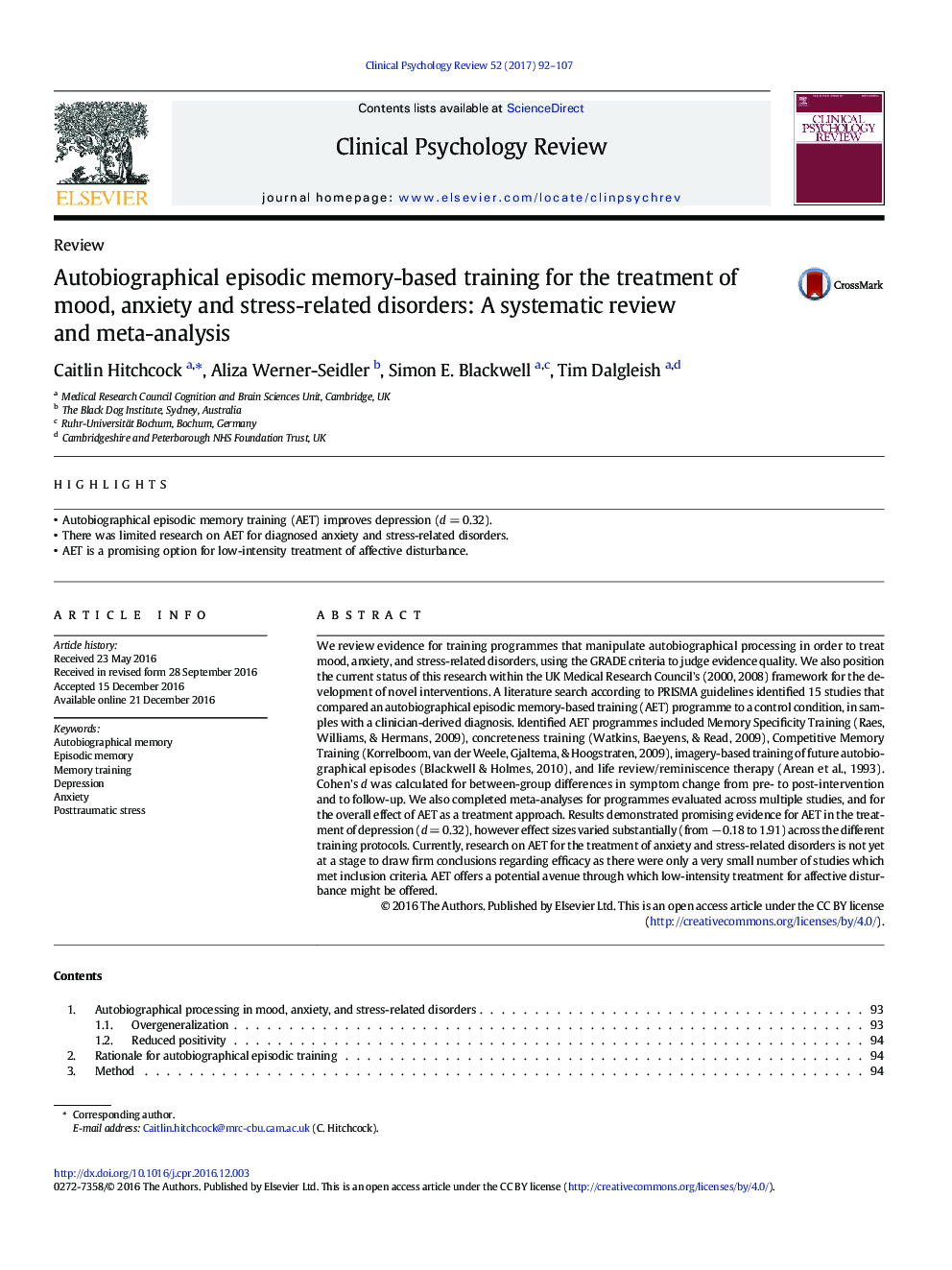 Autobiographical episodic memory-based training for the treatment of mood, anxiety and stress-related disorders: A systematic review and meta-analysis