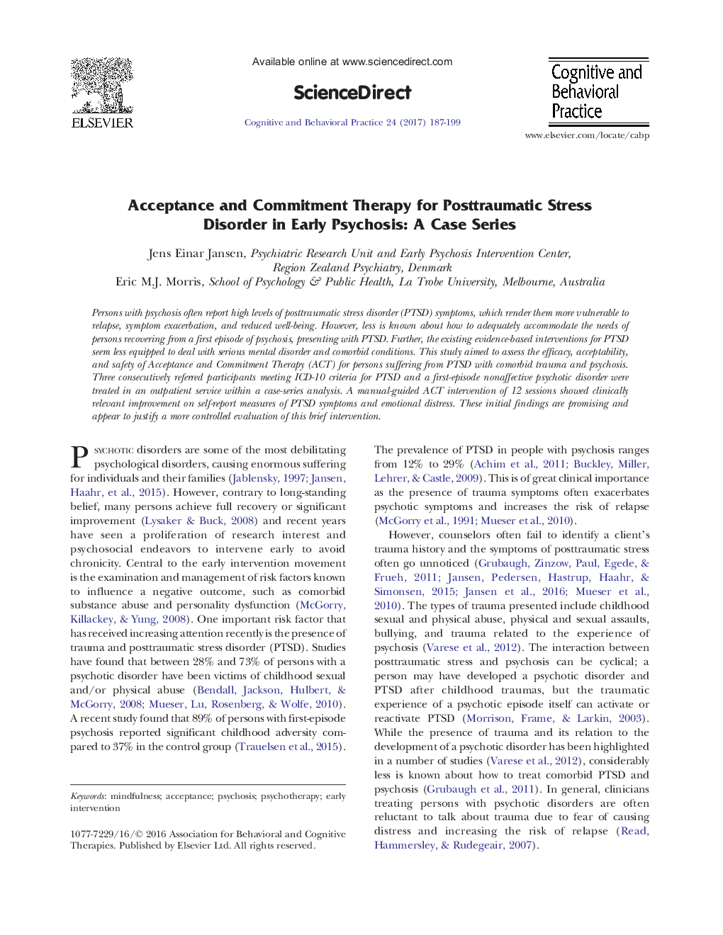 Acceptance and Commitment Therapy for Posttraumatic Stress Disorder in Early Psychosis: A Case Series