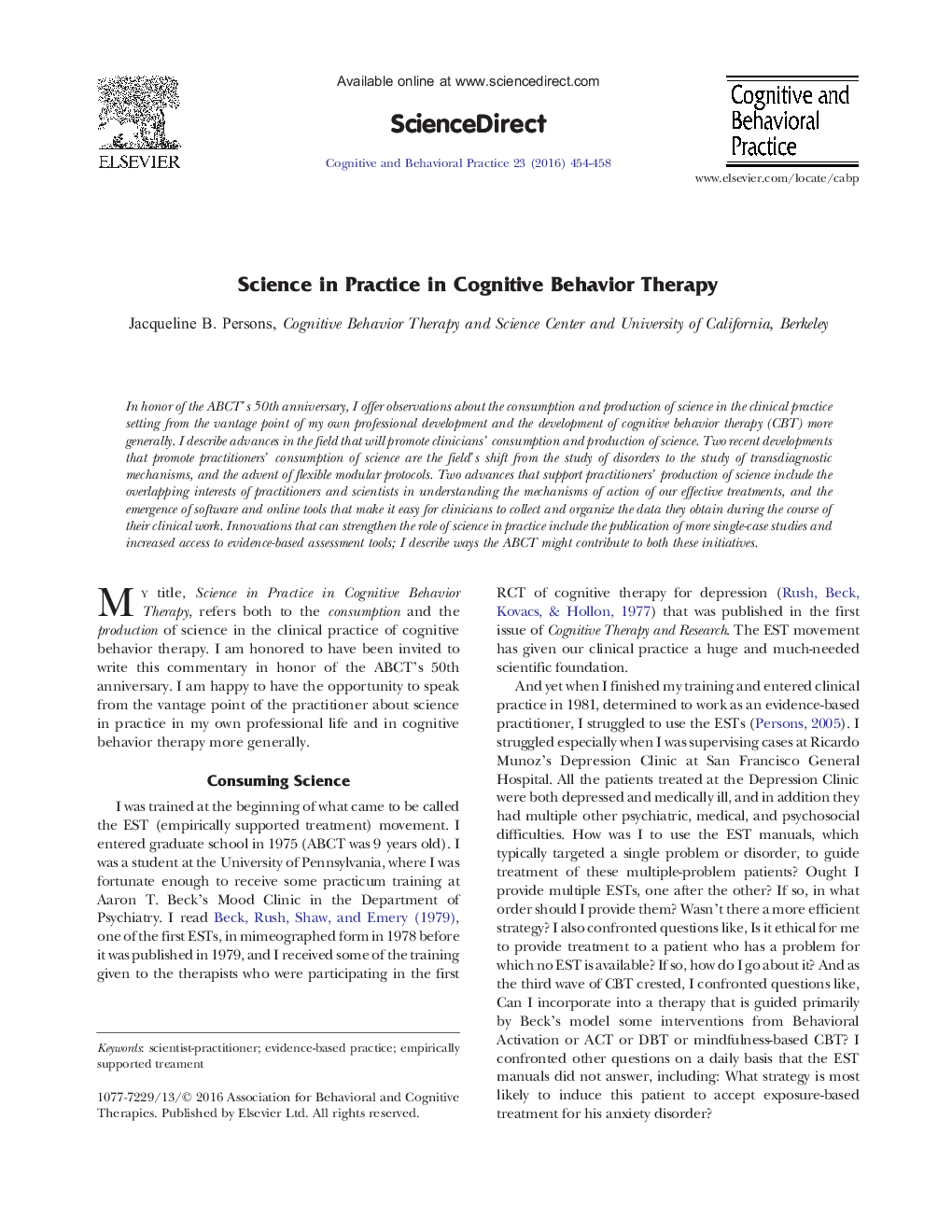 Science in Practice in Cognitive Behavior Therapy