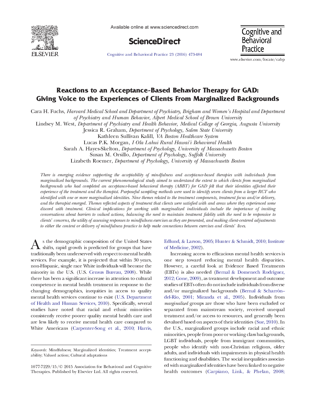 Reactions to an Acceptance-Based Behavior Therapy for GAD: Giving Voice to the Experiences of Clients From Marginalized Backgrounds