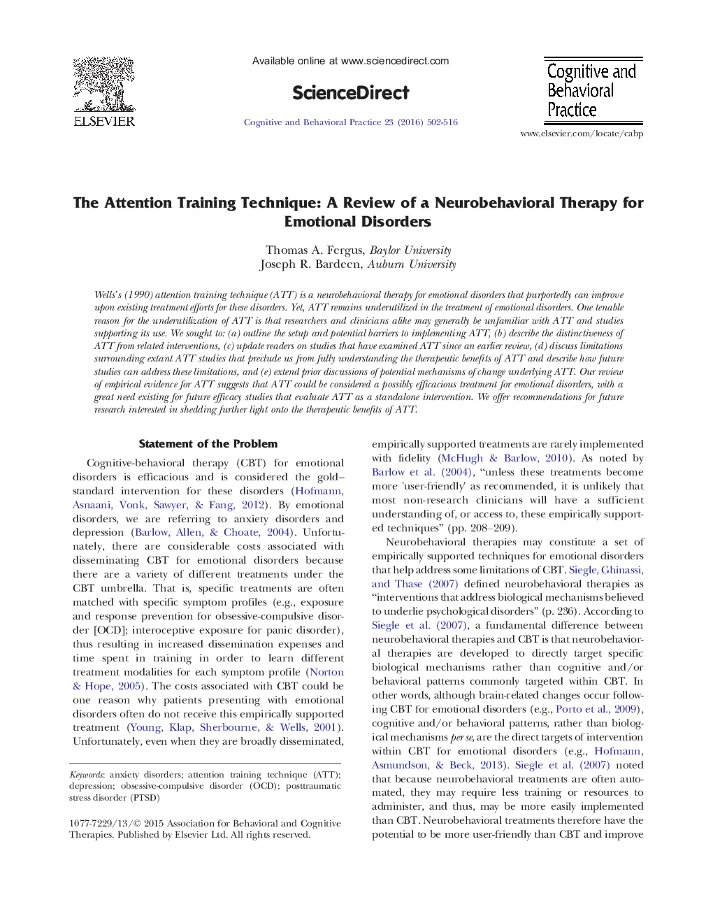 The Attention Training Technique: A Review of a Neurobehavioral Therapy for Emotional Disorders