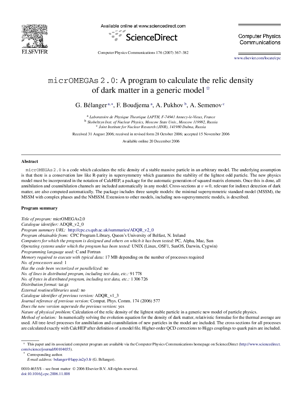 micrOMEGAs 2.0: A program to calculate the relic density of dark matter in a generic model 