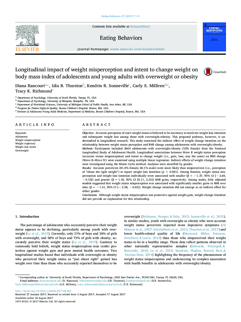 Longitudinal impact of weight misperception and intent to change weight on body mass index of adolescents and young adults with overweight or obesity