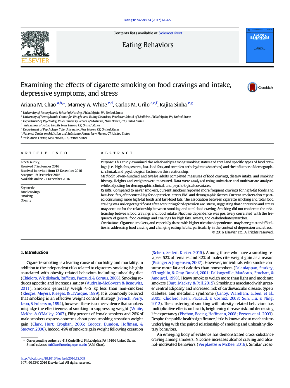 Examining the effects of cigarette smoking on food cravings and intake, depressive symptoms, and stress