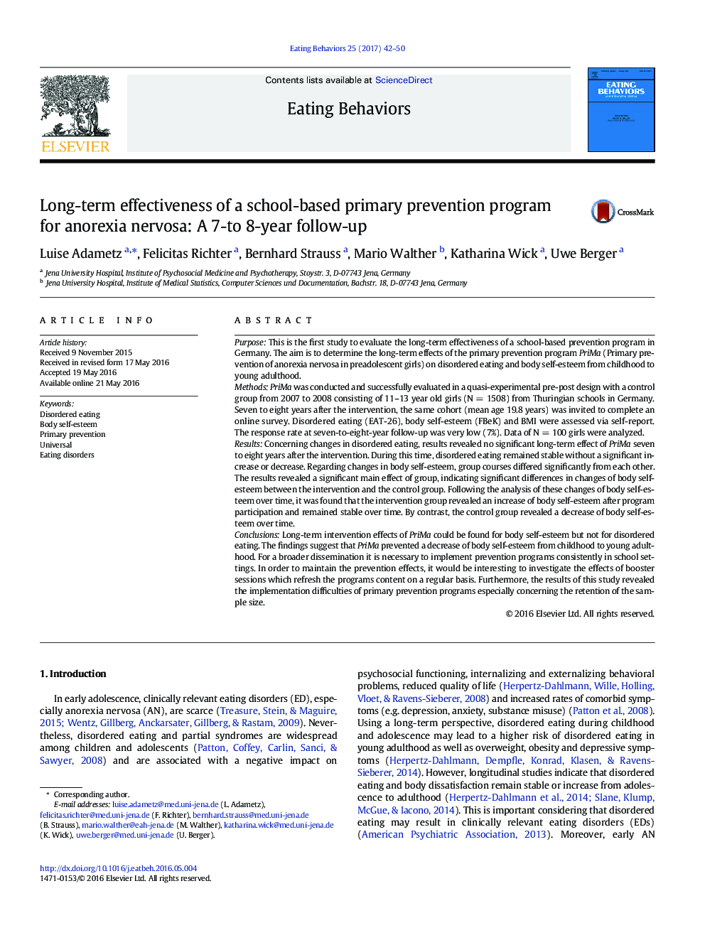 Long-term effectiveness of a school-based primary prevention program for anorexia nervosa: A 7-to 8-year follow-up