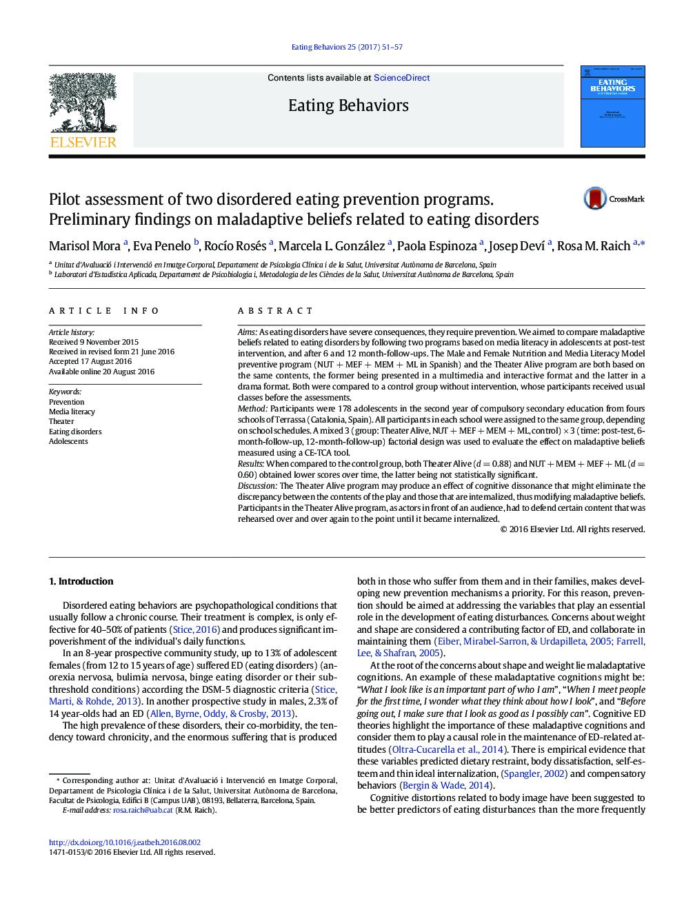 Pilot assessment of two disordered eating prevention programs. Preliminary findings on maladaptive beliefs related to eating disorders