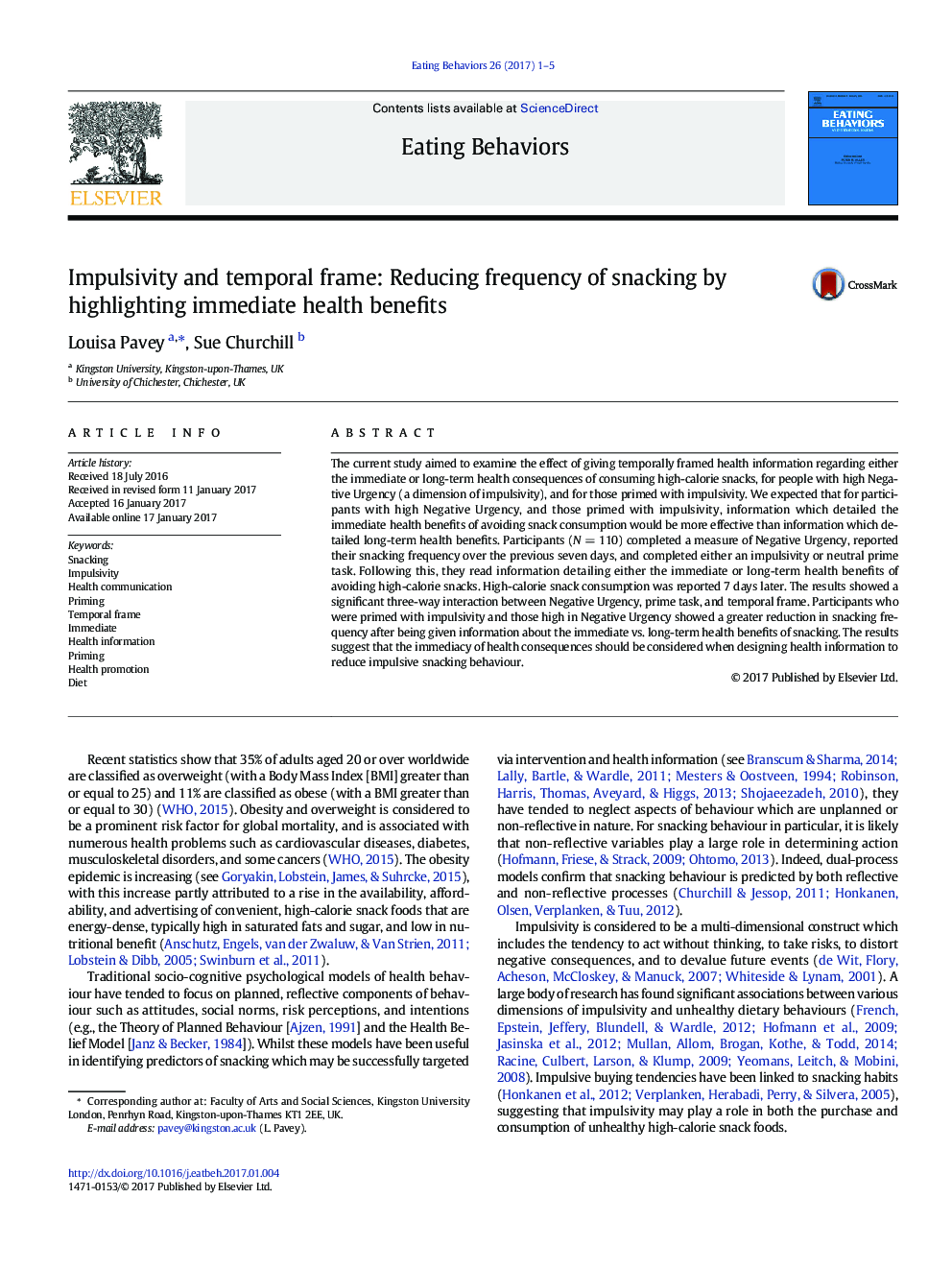 Impulsivity and temporal frame: Reducing frequency of snacking by highlighting immediate health benefits