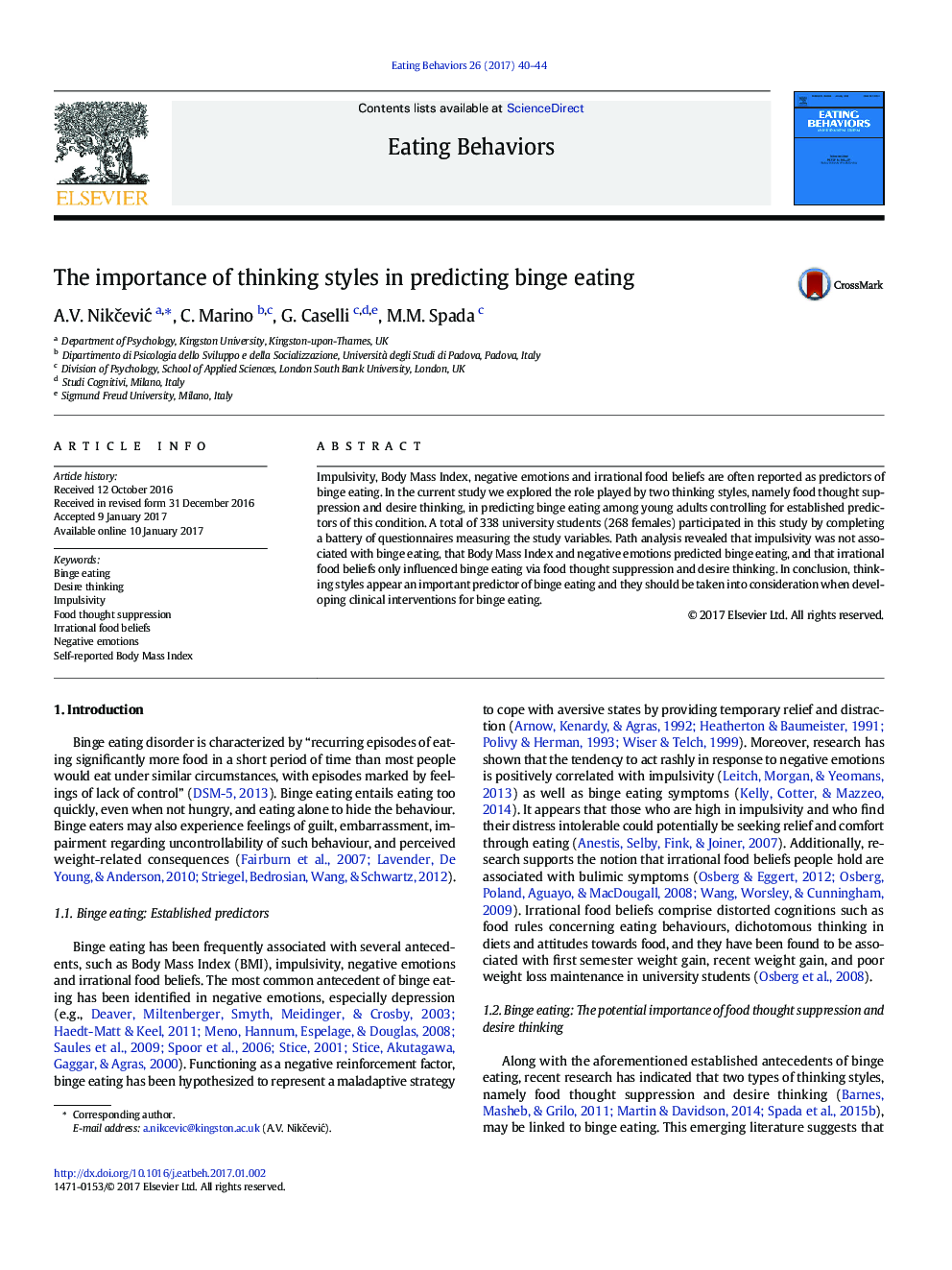 The importance of thinking styles in predicting binge eating