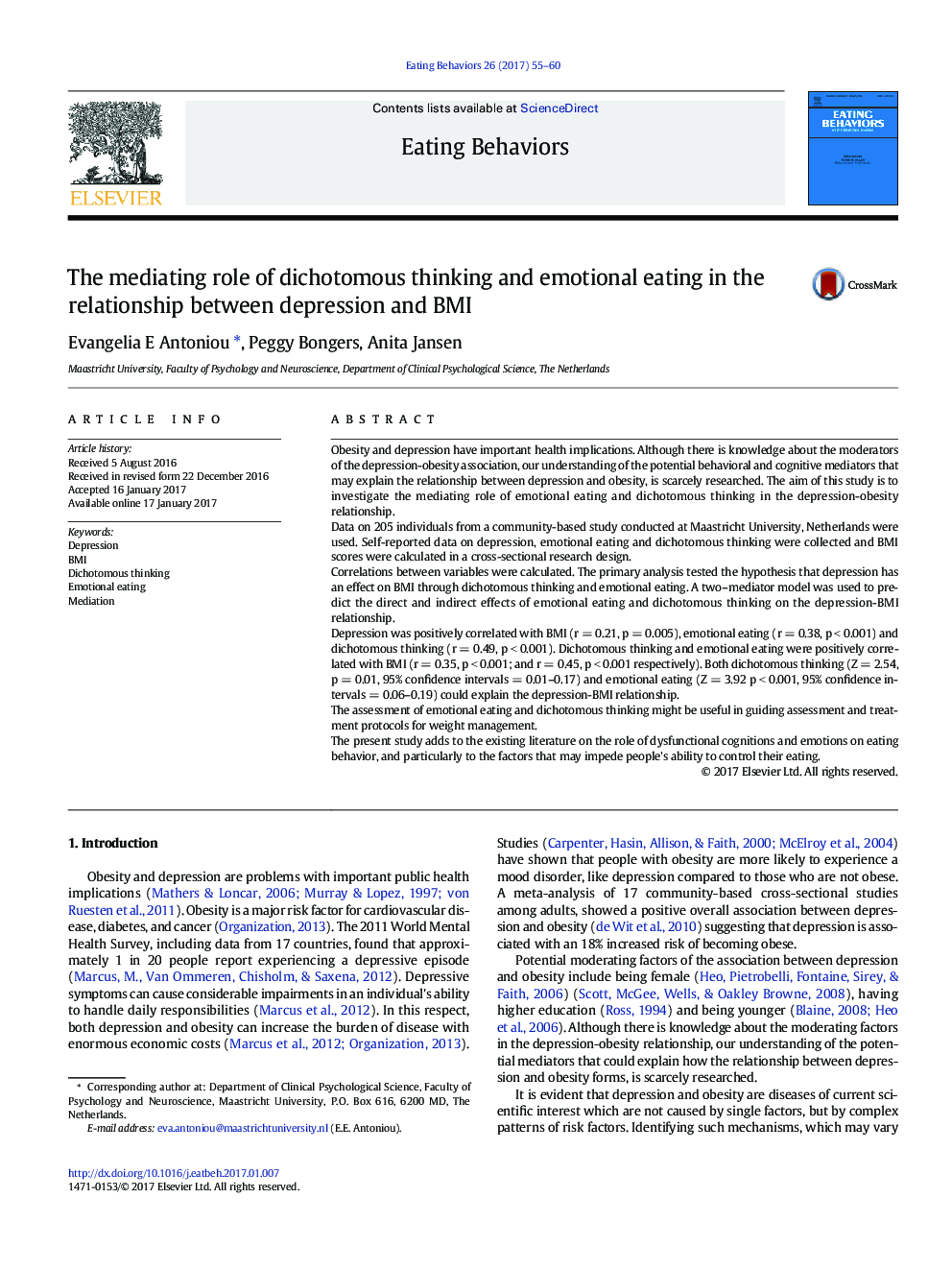 The mediating role of dichotomous thinking and emotional eating in the relationship between depression and BMI