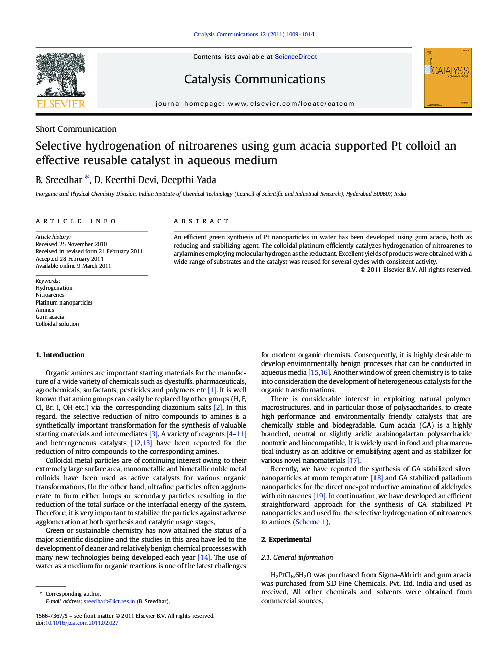 Selective hydrogenation of nitroarenes using gum acacia supported Pt colloid an effective reusable catalyst in aqueous medium