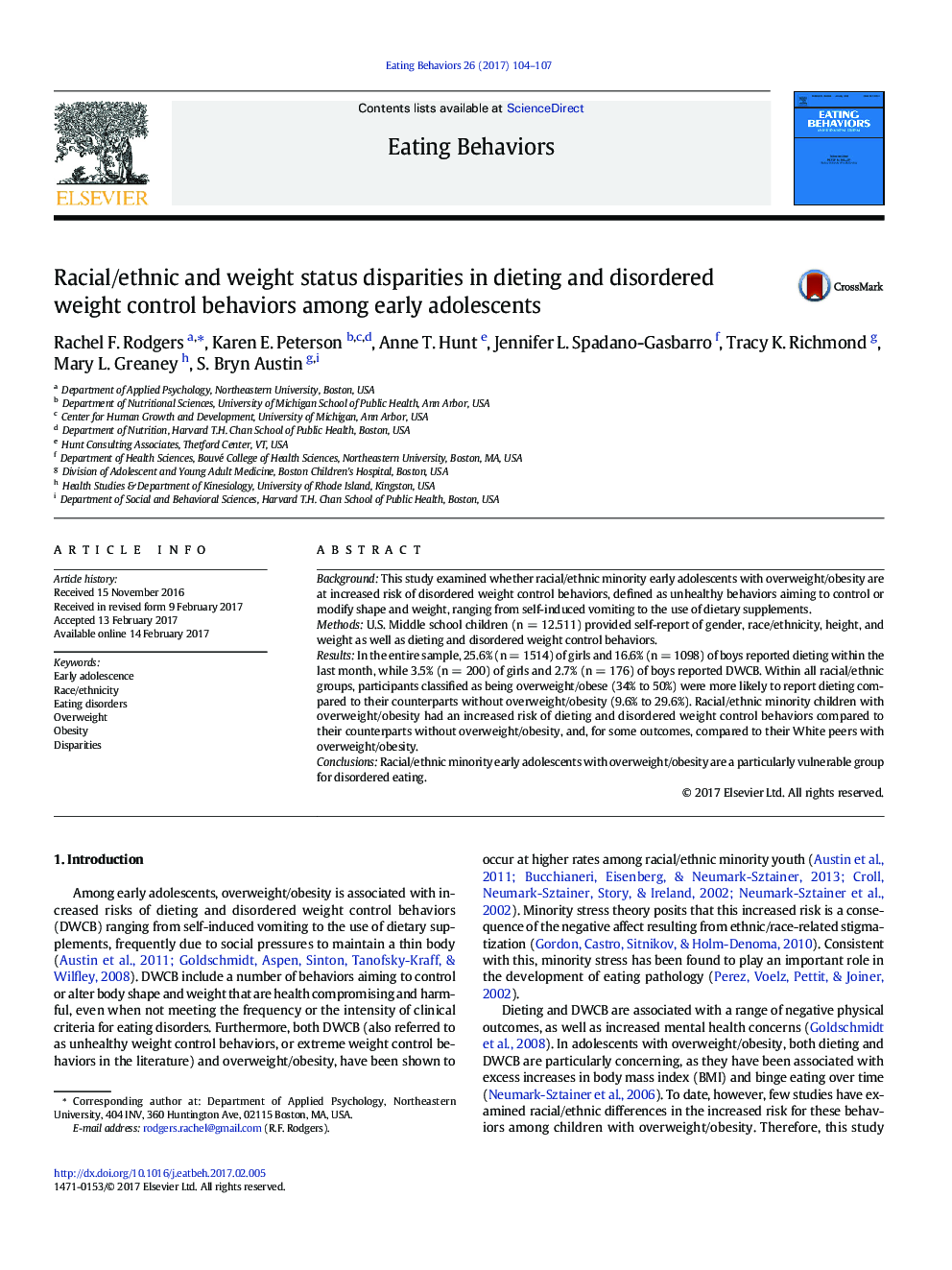 Racial/ethnic and weight status disparities in dieting and disordered weight control behaviors among early adolescents