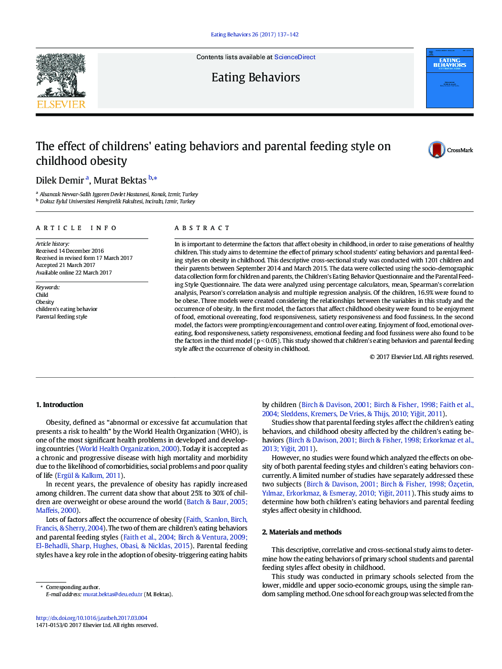 The effect of childrens' eating behaviors and parental feeding style on childhood obesity