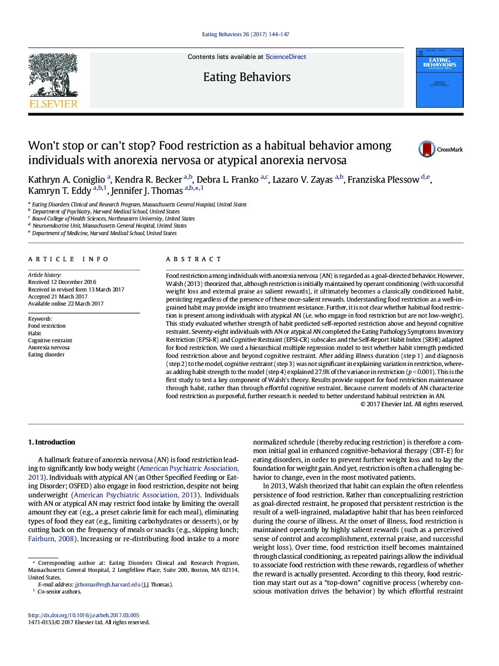 Won't stop or can't stop? Food restriction as a habitual behavior among individuals with anorexia nervosa or atypical anorexia nervosa