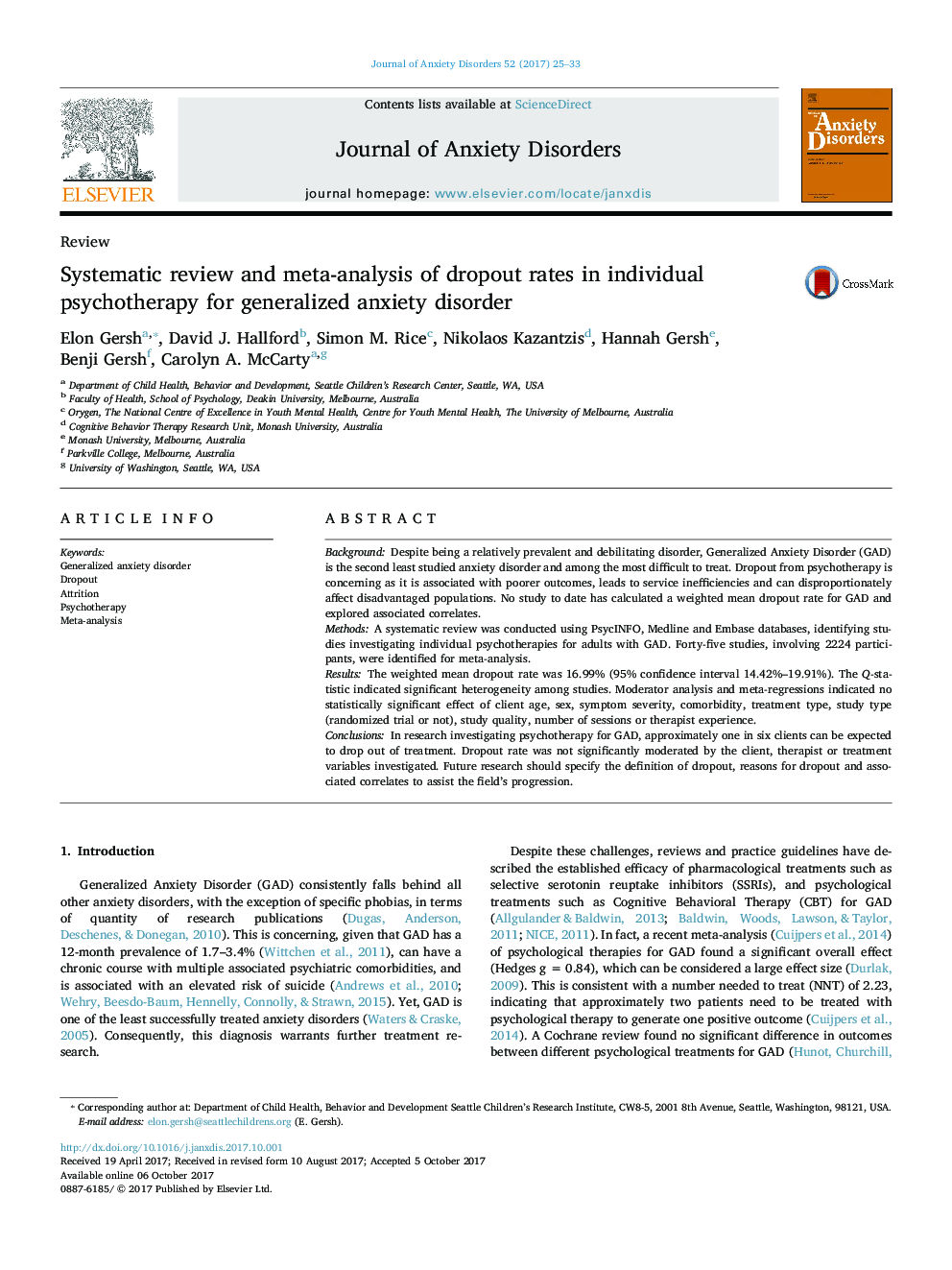 Systematic review and meta-analysis of dropout rates in individual psychotherapy for generalized anxiety disorder