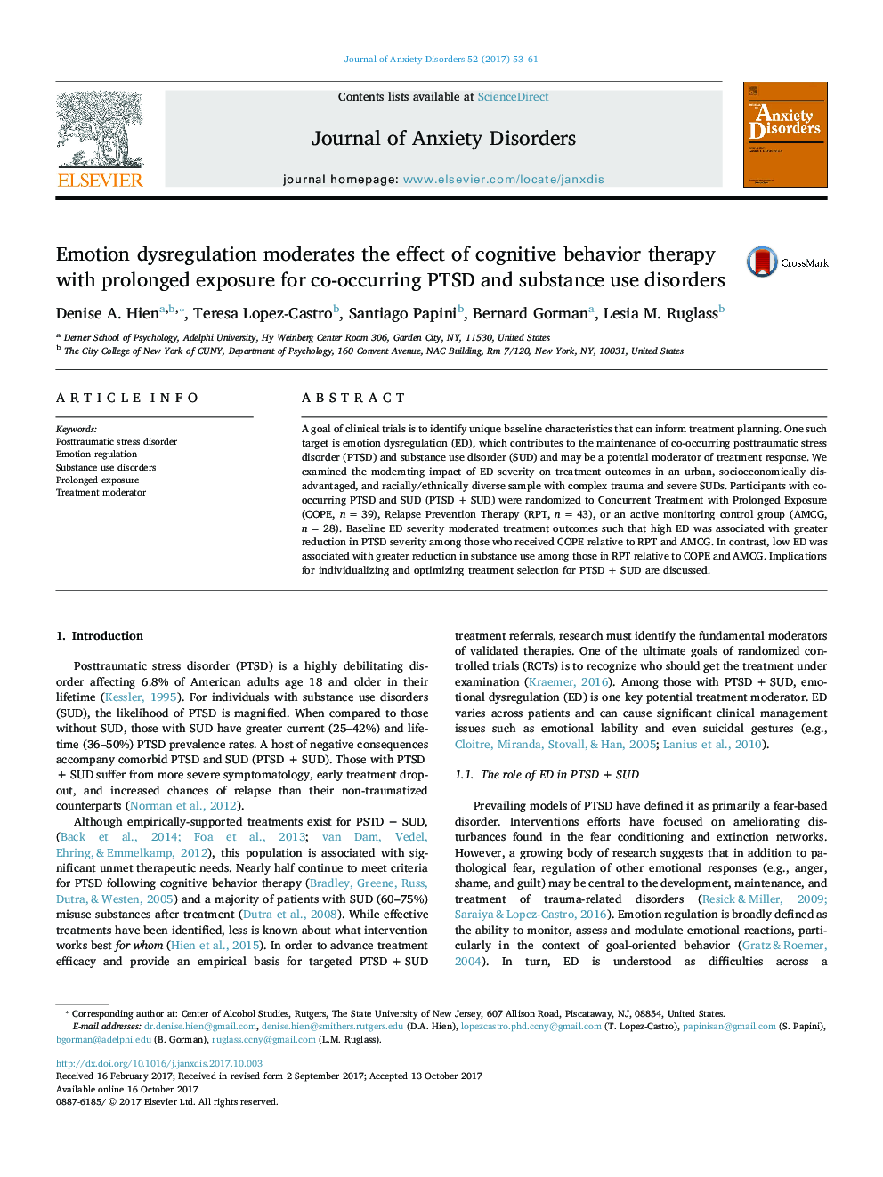 Emotion dysregulation moderates the effect of cognitive behavior therapy with prolonged exposure for co-occurring PTSD and substance use disorders