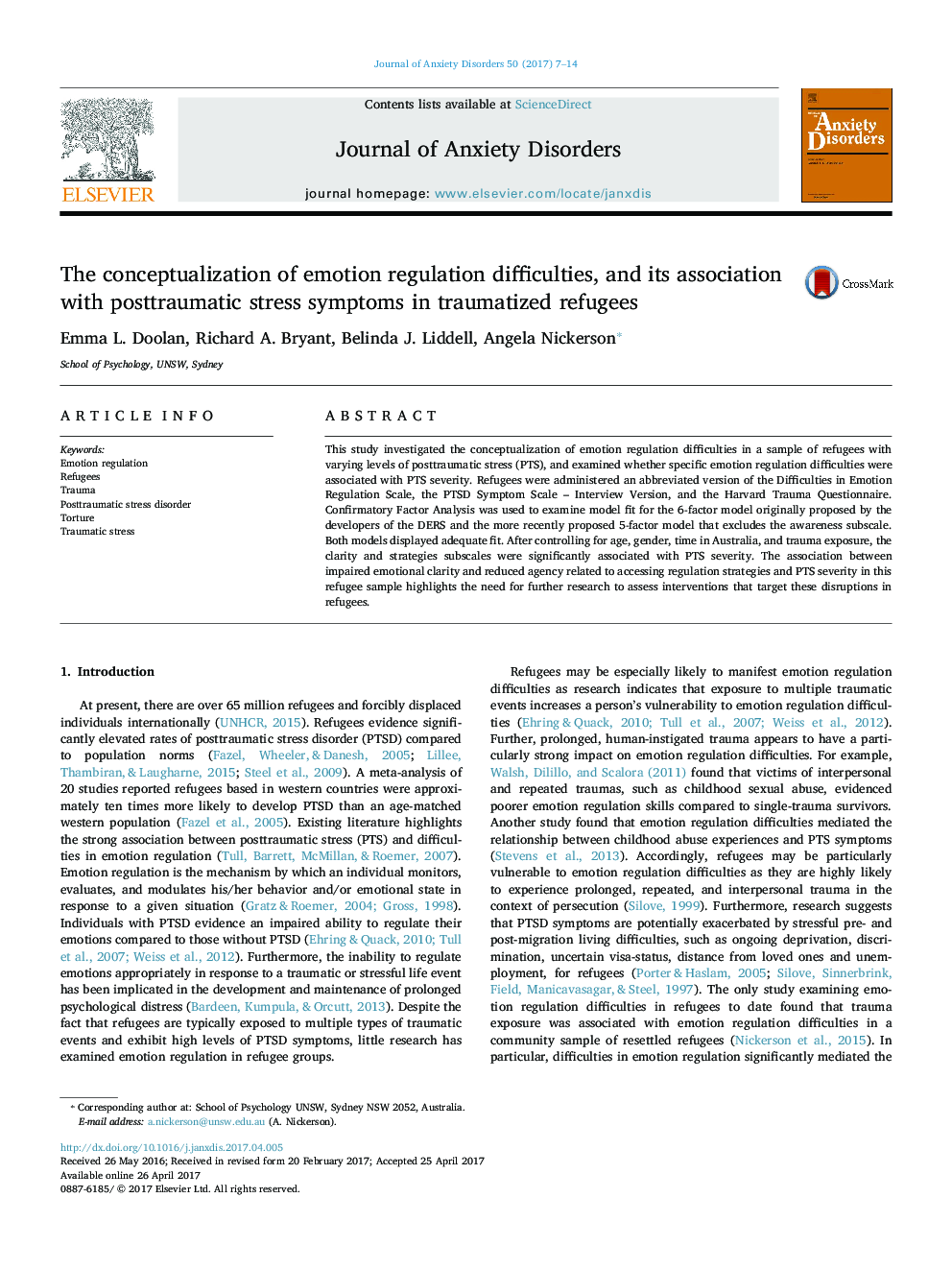 The conceptualization of emotion regulation difficulties, and its association with posttraumatic stress symptoms in traumatized refugees