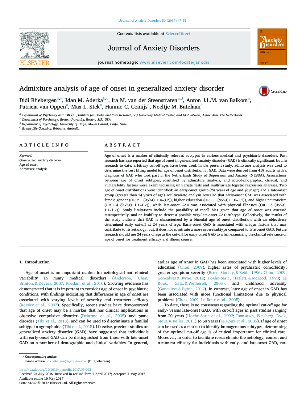 Admixture analysis of age of onset in generalized anxiety disorder