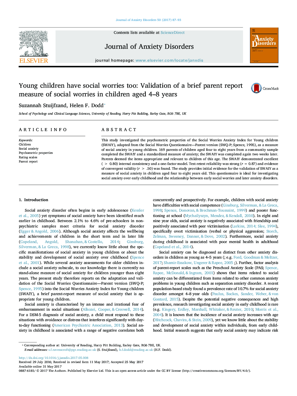 Young children have social worries too: Validation of a brief parent report measure of social worries in children aged 4-8 years