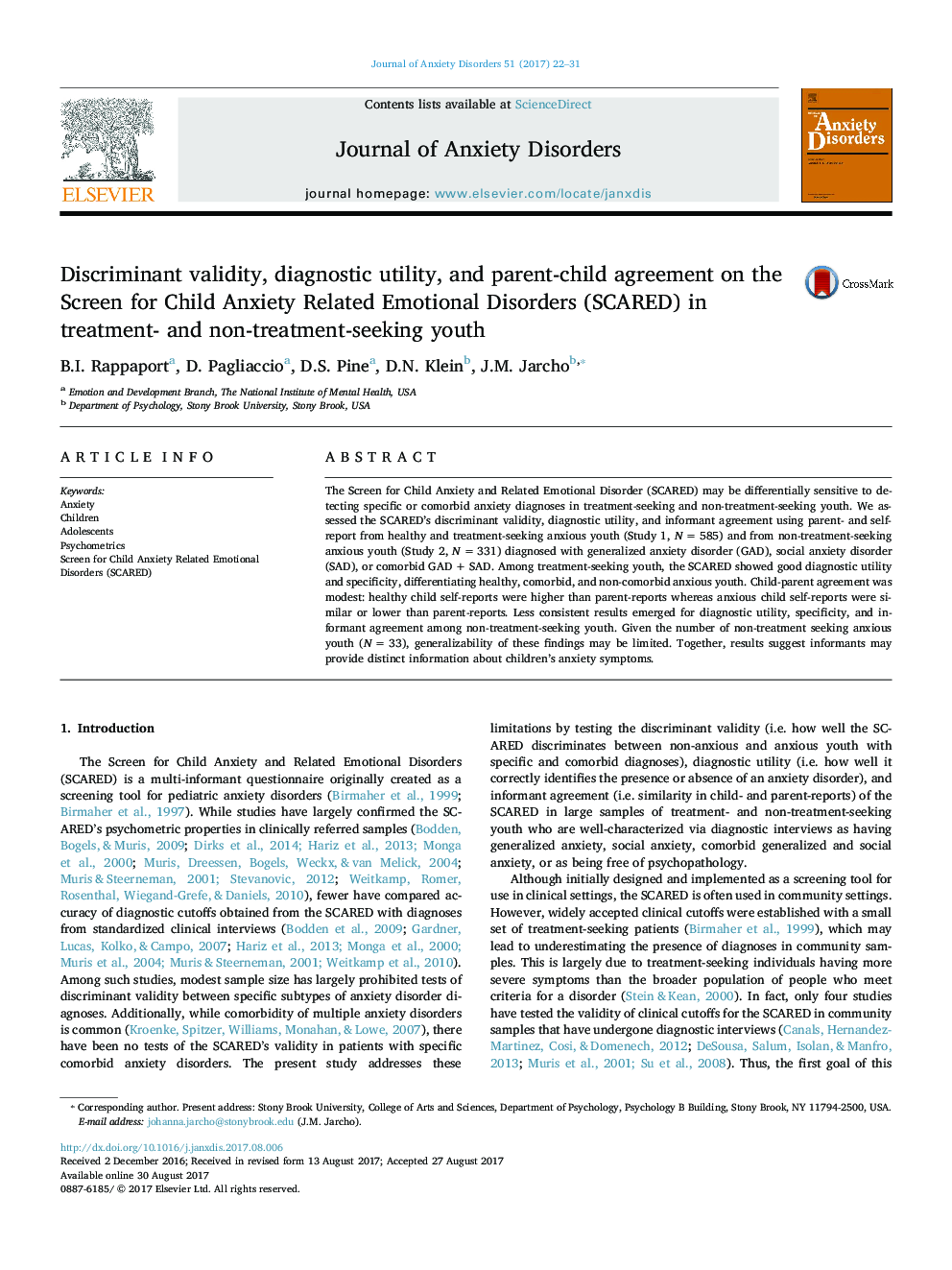 Discriminant validity, diagnostic utility, and parent-child agreement on the Screen for Child Anxiety Related Emotional Disorders (SCARED) in treatment- and non-treatment-seeking youth