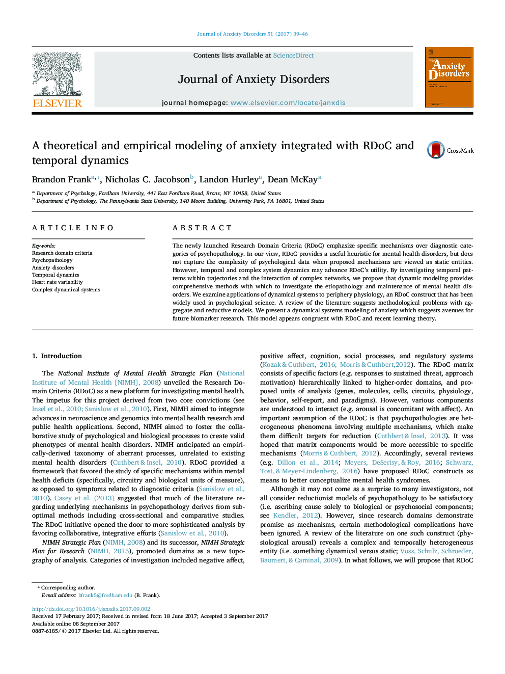 A theoretical and empirical modeling of anxiety integrated with RDoC and temporal dynamics