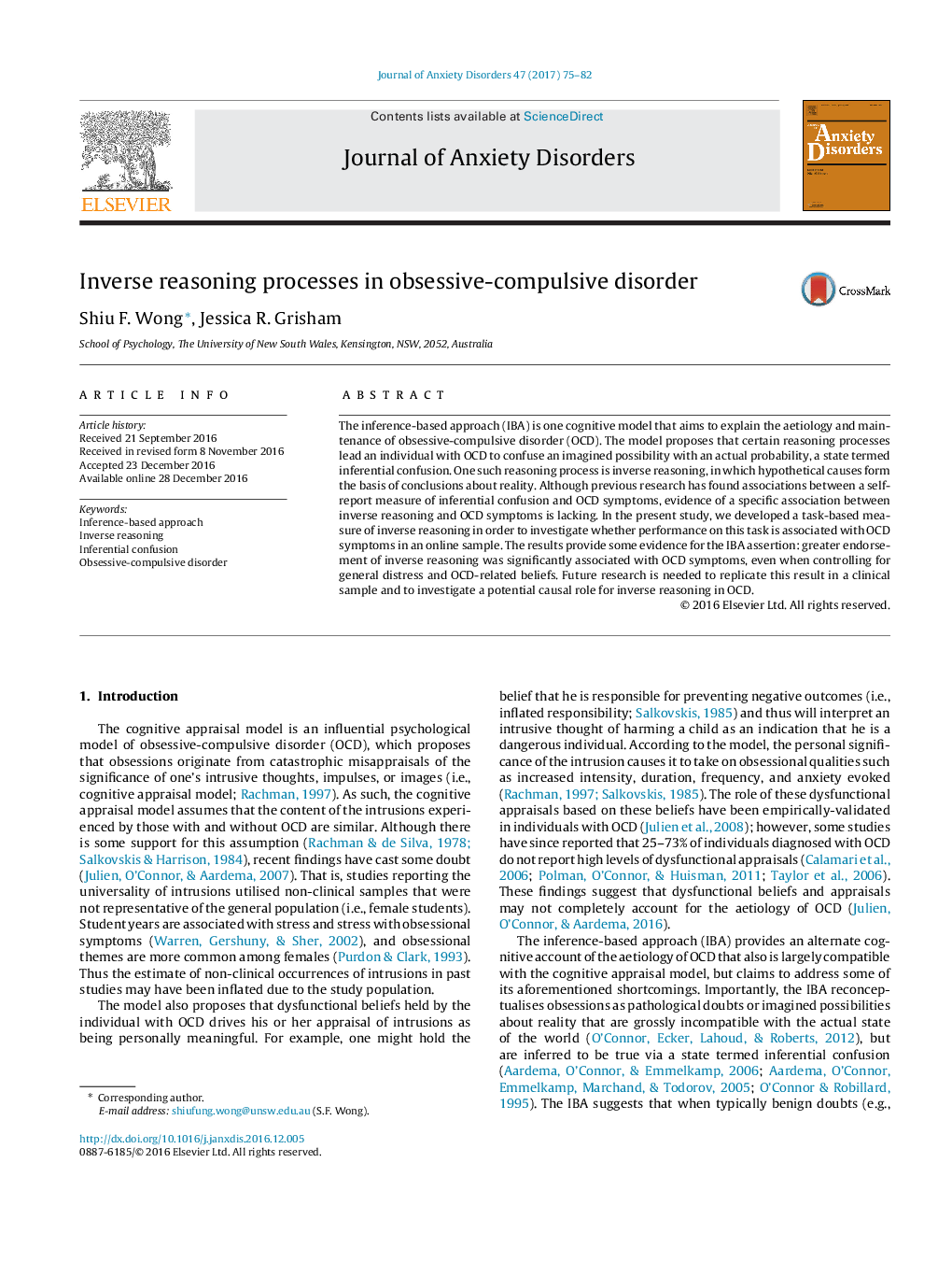 Inverse reasoning processes in obsessive-compulsive disorder