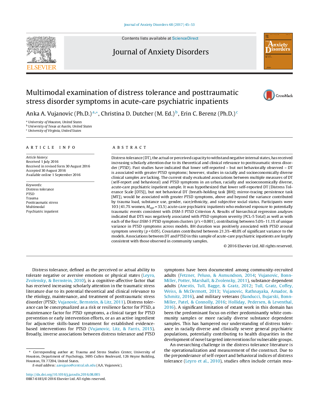 Multimodal examination of distress tolerance and posttraumatic stress disorder symptoms in acute-care psychiatric inpatients