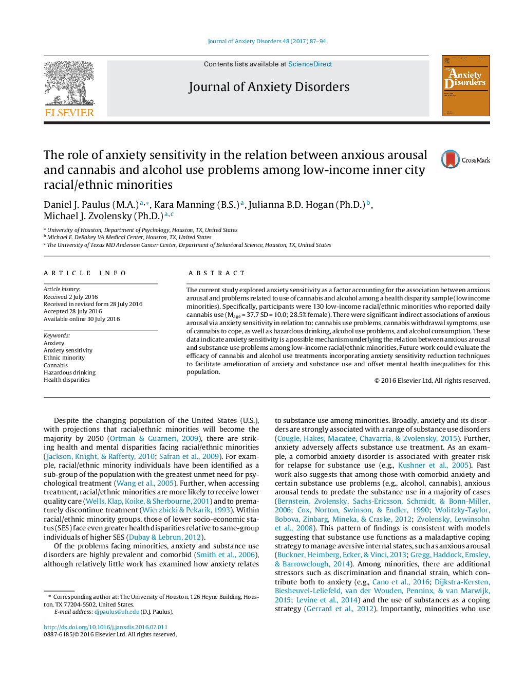 The role of anxiety sensitivity in the relation between anxious arousal and cannabis and alcohol use problems among low-income inner city racial/ethnic minorities